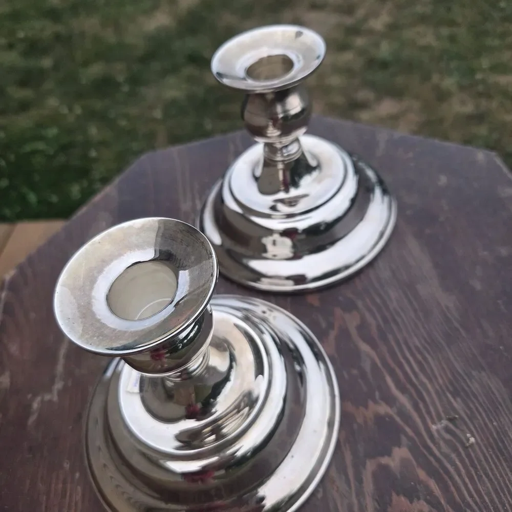 VTG Silver Plated Candlestick Holders Pair Round Base 4.5 Inch Taper